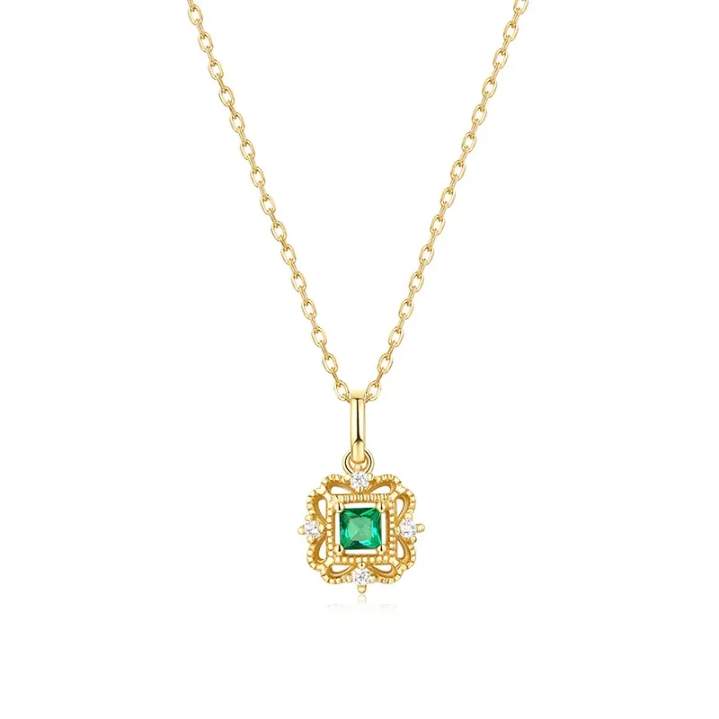 Vintage Green Square Zircon Pendant Female Wild Silver Pendant