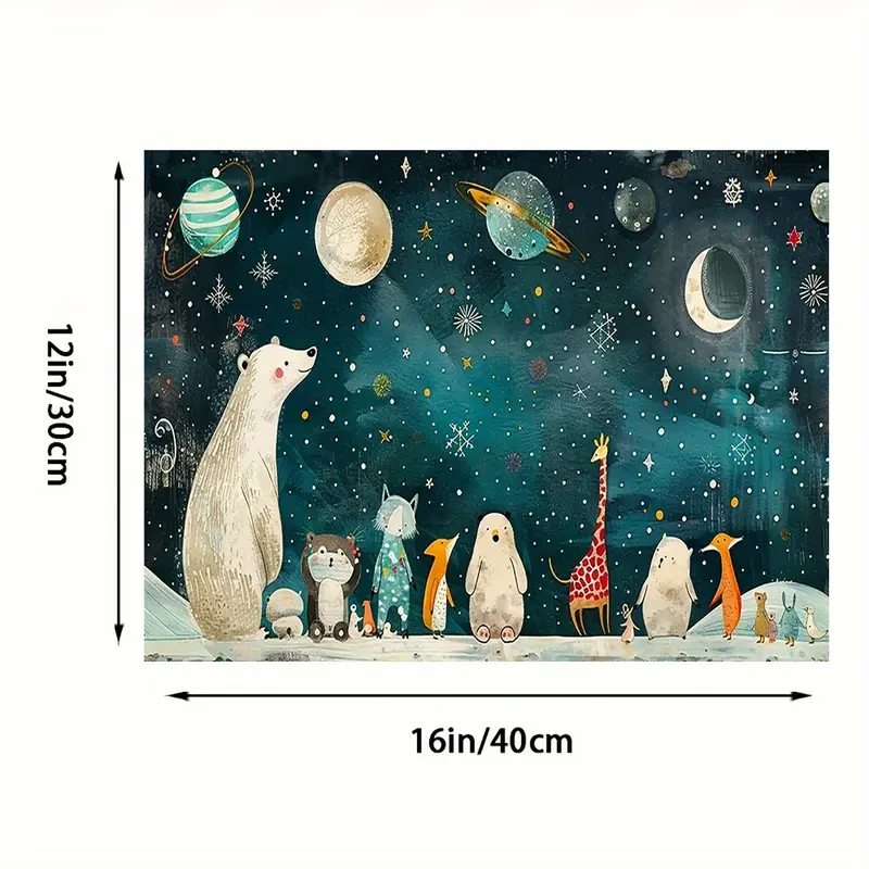 2D Animal Gathering Canvas Wall Art Whimsical Forest Scene with Polar Bear, Deer, and Squirrels, Frameless 16x12, Ideal for Home, Bedroom, Kitchen, Bathroom, Hotel, Cafe, Office, and More