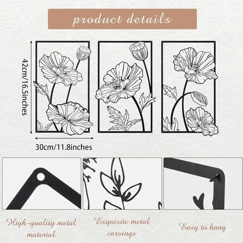 3pcs Black Metal Wall Art Minimalist Flower Line Wall Sculpture for Bedroom, Bathroom, and Kitchen Decoration