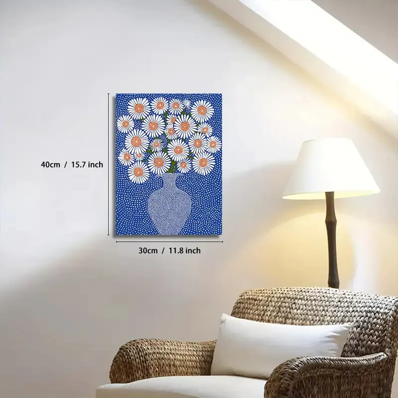 1pc Framed Daisies Blue Vase Floral Wall Art Canvas Print White Polka Dot Background, Modern Gallery Artwork for Home, Bedroom, Bathroom, Living Room Decor Wooden Frame, Perfect for Room Decor