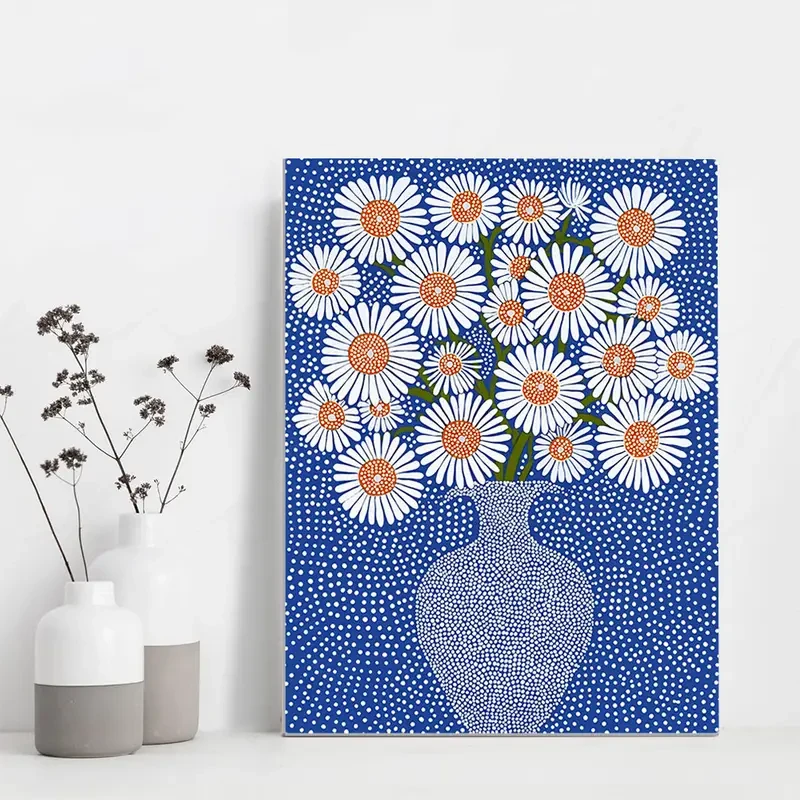 1pc Framed Daisies Blue Vase Floral Wall Art Canvas Print White Polka Dot Background, Modern Gallery Artwork for Home, Bedroom, Bathroom, Living Room Decor Wooden Frame, Perfect for Room Decor