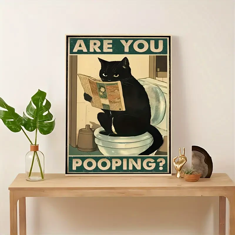 [Funny Cat Art] Funny Black Cat Canvas Art  "Are You Pooping?" Humorous Wall Decor with Wooden Frame, 11.8x15.7 Inches, Perfect for Bathroom, Living Room, Bedroom, Unique Gift Idea, Cat Decor