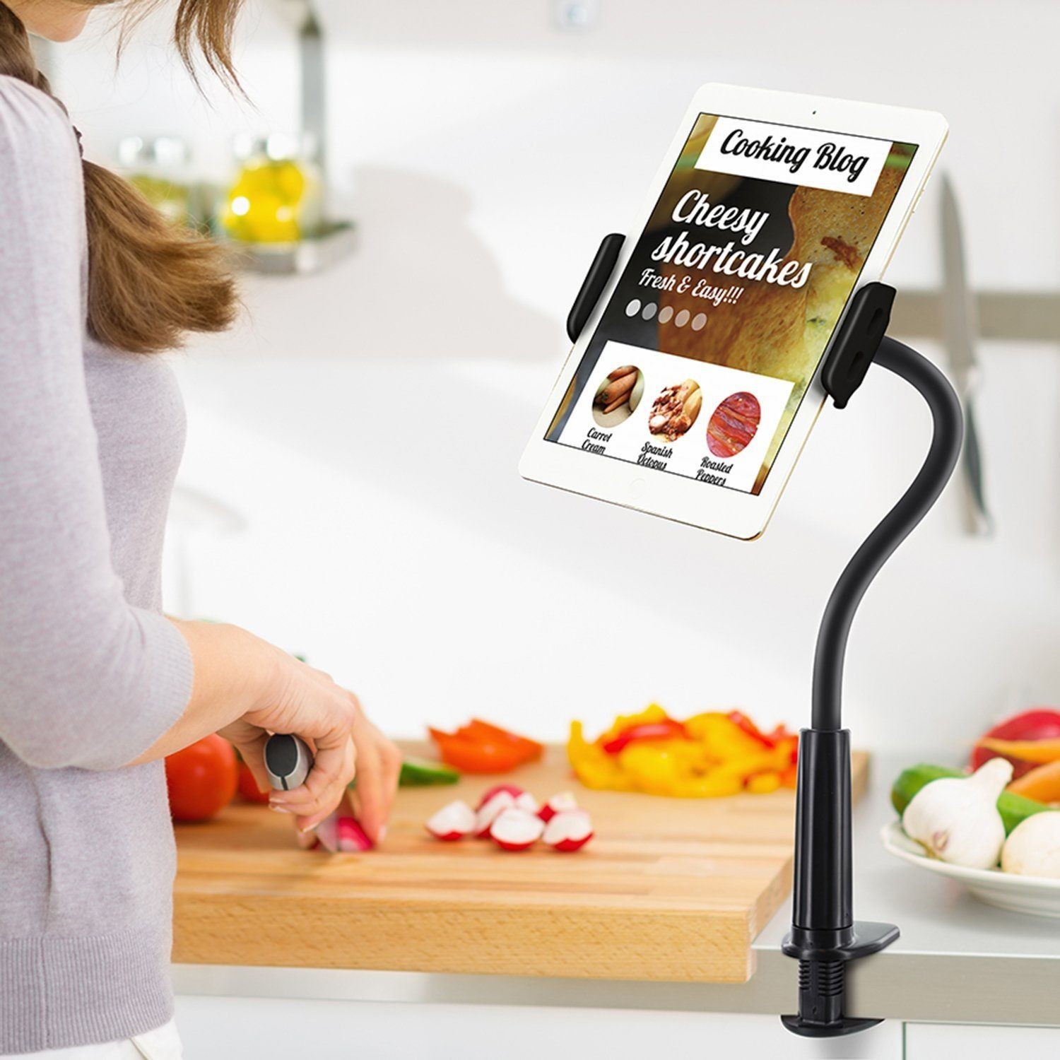Tablet or Phone Holder, Solid Grip 360 Rotating Flexible Hands-Free. Black