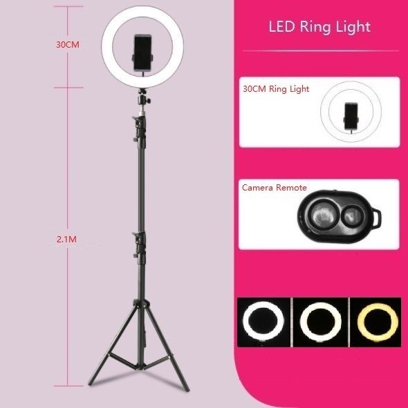LED Selfie Ring Light Set, 30CM Light, 210CM Height, Camera Remote