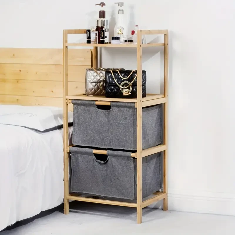 Natural Bamboo 2 Tier Storage Rack with 2 Fabric Drawers Multifunctional Organizer Shelf for Clothes, Towels, Toys, Books & More