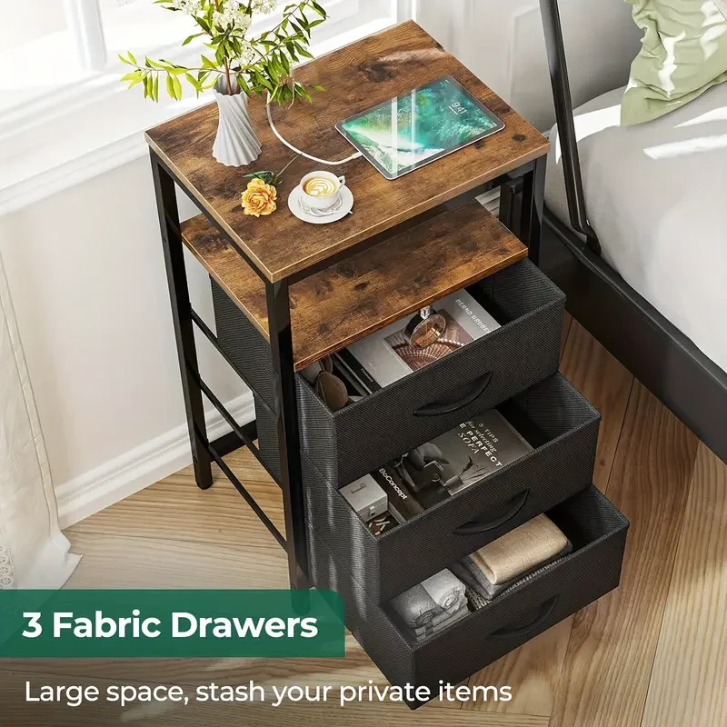 Industrial Style Metal Frame Bedside Table with 3 Fabric Storage Drawers Multi-Purpose Nightstand Organizer for Living Room, Office, Bedroom, and More