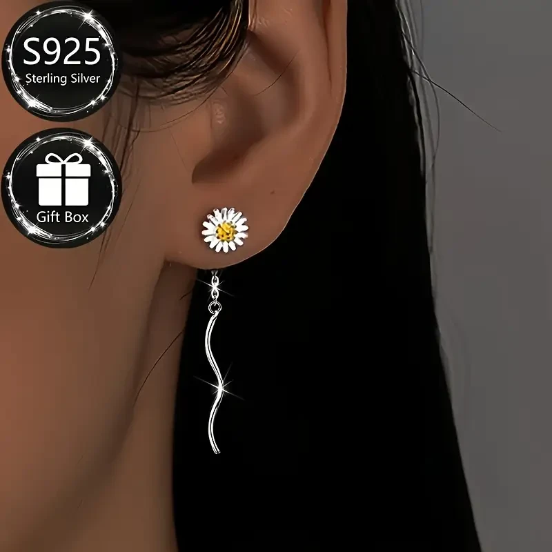 1 Pair of S925 Sterling Silver Fashion Womens Dangling Earrings Elegant Daisy Line Tassel Design for Everyday and Special Occasions