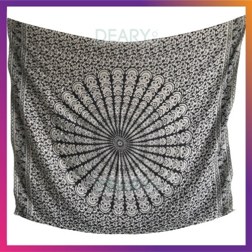 Bali Rayon Beach Cloth with Elephant & Peacock Mandala Motif with Tassel Edge | Deary Co Bali