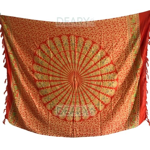 Bali Rayon Beach Cloth with Elephant & Peacock Mandala Motif with Tassel Edge | Deary Co Bali