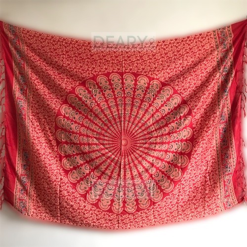 Bali Rayon Beach Cloth with Elephant & Peacock Mandala Motif with Tassel Edge | Deary Co Bali