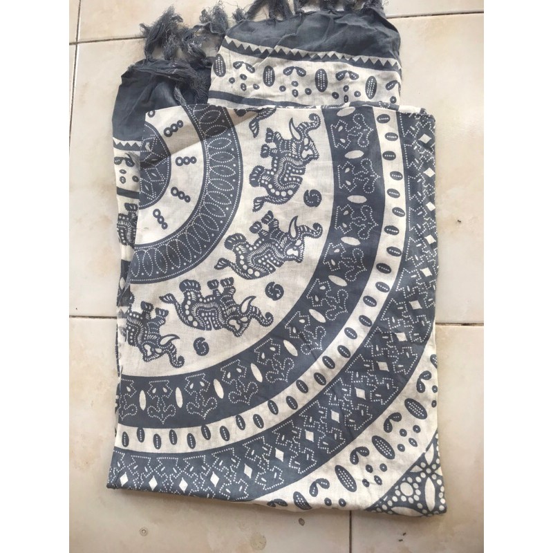 Bali Rayon Beach Cloth with Elephant & Peacock Mandala Motif with Tassel Edge | Deary Co Bali