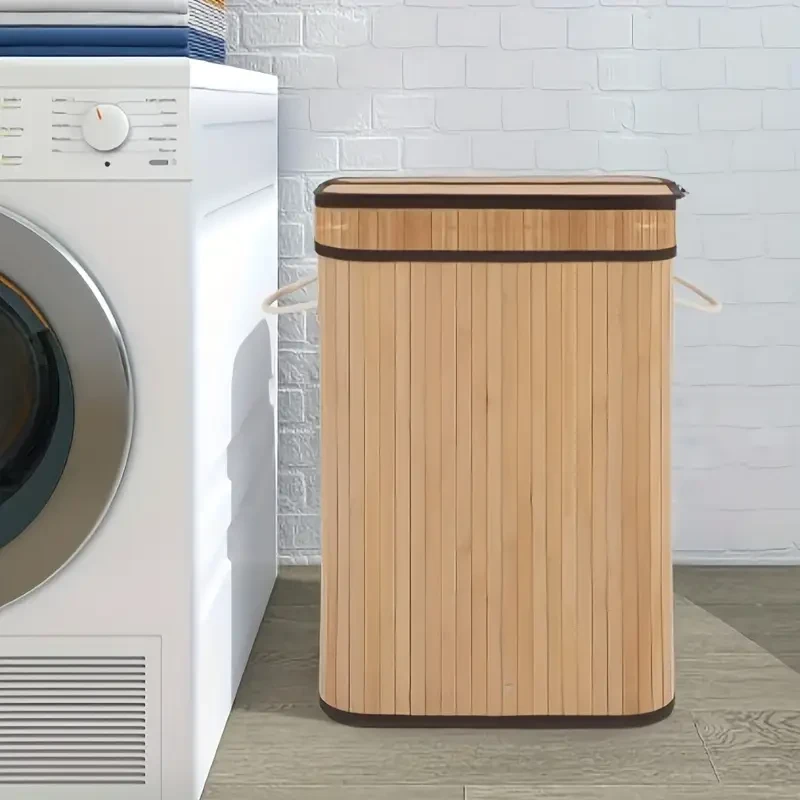 Natural Bamboo Laundry Hamper with Lid 72L Capacity, Foldable & Removable Lining, Sturdy Wooden Lid, Contemporary Rectangular Design for Laundry Room Organization