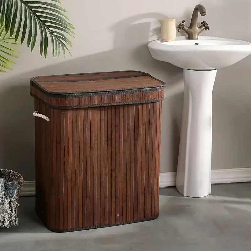 Natural Bamboo Laundry Hamper with Lid 72L Capacity, Foldable & Removable Lining, Sturdy Wooden Lid, Contemporary Rectangular Design for Laundry Room Organization