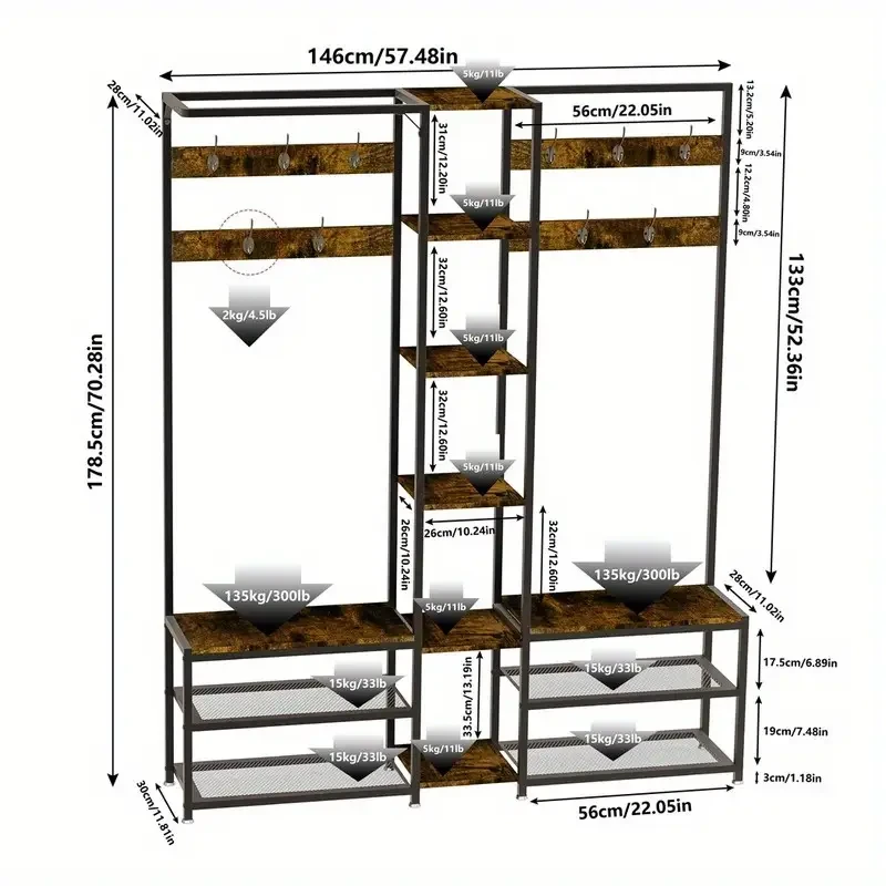 Heavy Duty Freestanding Corner Coat Rack with Shoe Bench & 10 Hooks Metal & Hardwood Construction, Rustic Brown & Black, Multi-Purpose Entryway Organizer for Hallways, Condos, and Apartments