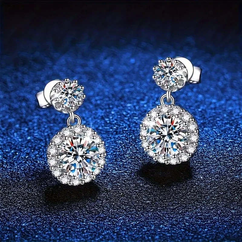PYQ Elegant 1ct Moissanite Dangle Earrings VVS D Color, 925 Sterling Silver with 18K White Gold Plating, Perfect for Daily Wear & Gifting