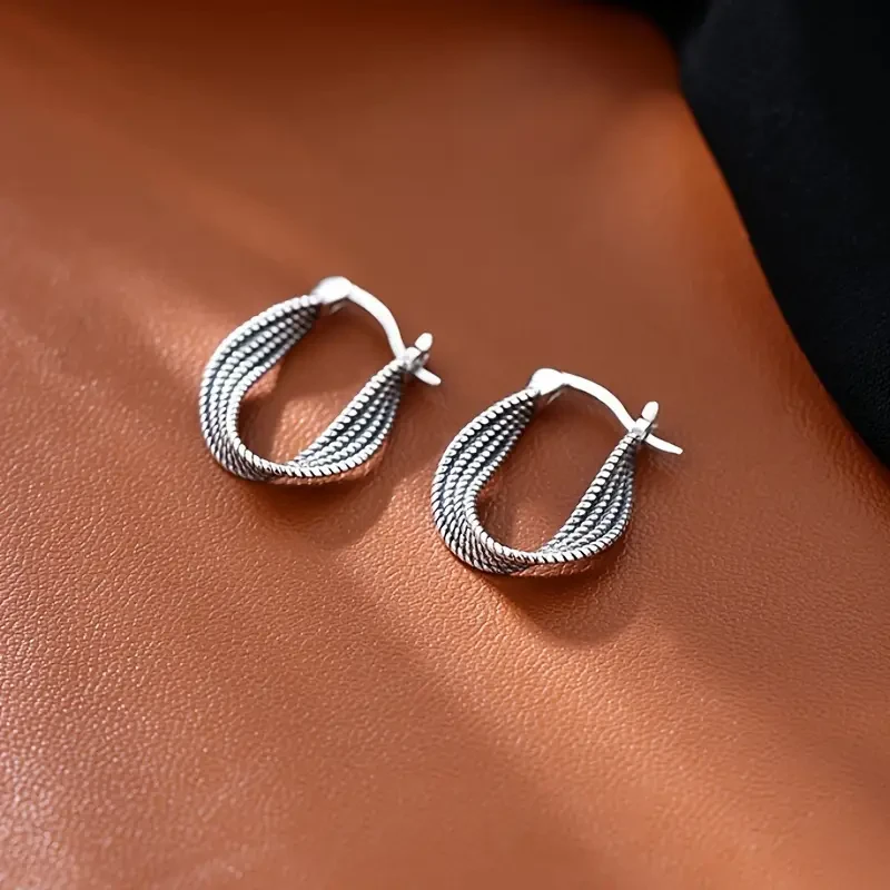 1 Pair Vintage Tribal Twisted Hoop Earrings 925 Sterling Silver Ear Needle, Copper Main Material, All-Season Daily & Party Accessory, Suitable for Campus Events