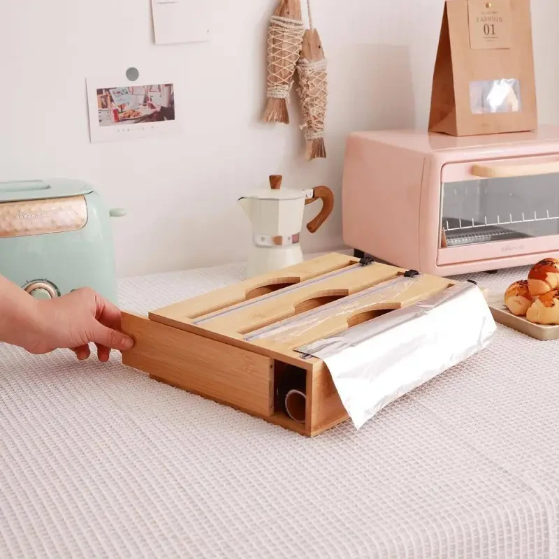 3 Grids Bamboo Food Wrap Dispenser Cutter Foil Cling Film Storage Holder Box