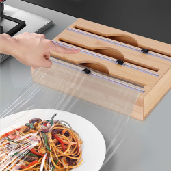 3 Grids Bamboo Food Wrap Dispenser Cutter Foil Cling Film Storage Holder Box
