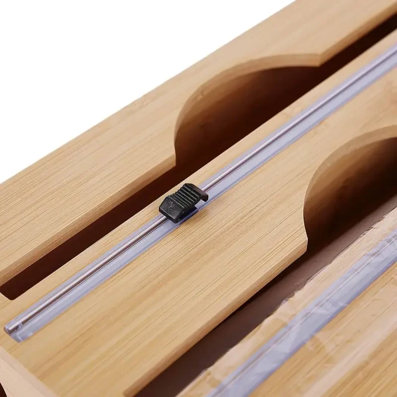 3 Grids Bamboo Food Wrap Dispenser Cutter Foil Cling Film Storage Holder Box