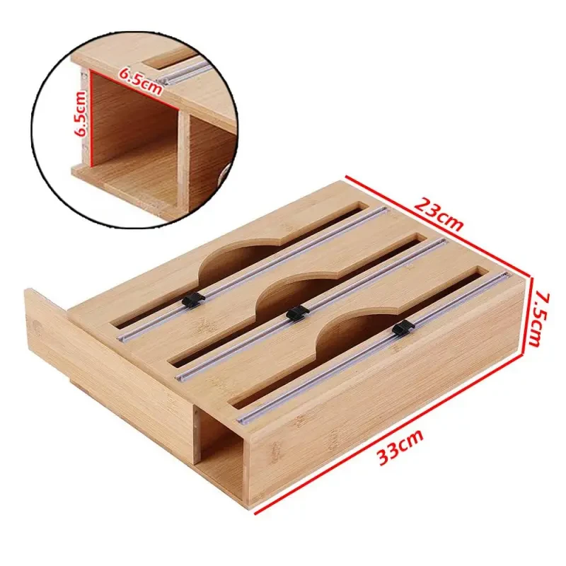 3 Grids Bamboo Food Wrap Dispenser Cutter Foil Cling Film Storage Holder Box