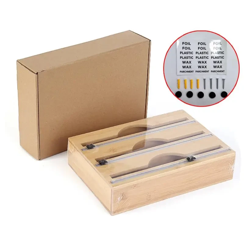 3 Grids Bamboo Food Wrap Dispenser Cutter Foil Cling Film Storage Holder Box