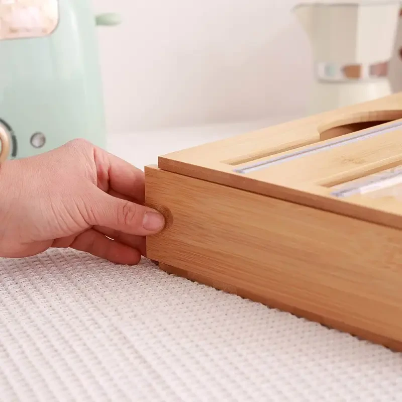 3 Grids Bamboo Food Wrap Dispenser Cutter Foil Cling Film Storage Holder Box