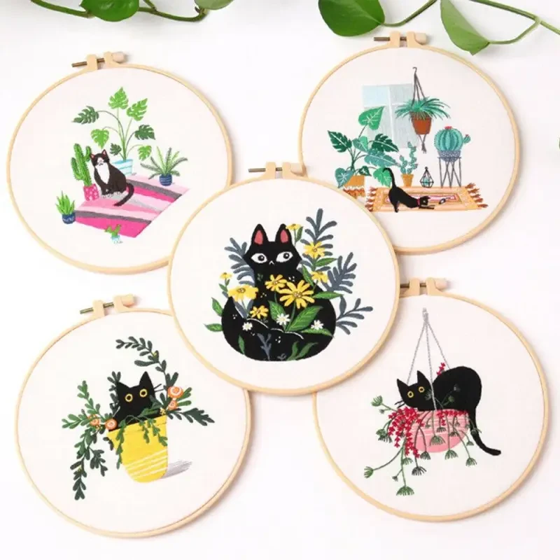 Embroidery Beginners DIY Cross Kits Pre-Printed Floral Pattern With Hoop