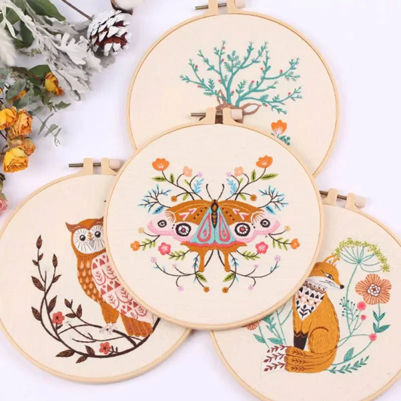 Embroidery Beginners DIY Cross Kits Pre-Printed Floral Pattern With Hoop