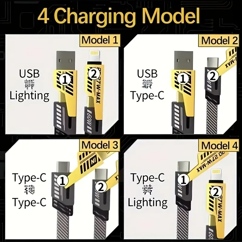 Four-In-One PD65W Fast Charging Mech Data Cable Dual Type-C