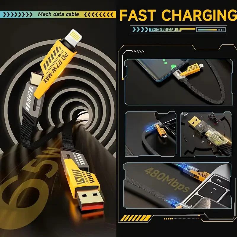Four-In-One PD65W Fast Charging Mech Data Cable Dual Type-C