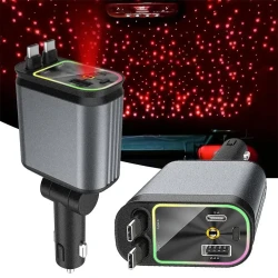 4 In 1 Retractable Car Charger Starlight In Car Roof 100w USB Type C