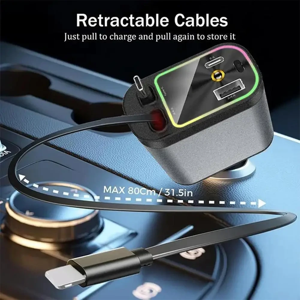 4 In 1 Retractable Car Charger Starlight In Car Roof 100w USB Type C