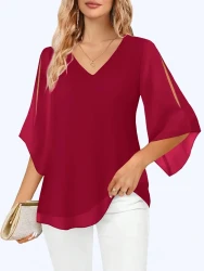 Women'S Elegant V-Neck Shirting Blouse with 3/4 Sleeves