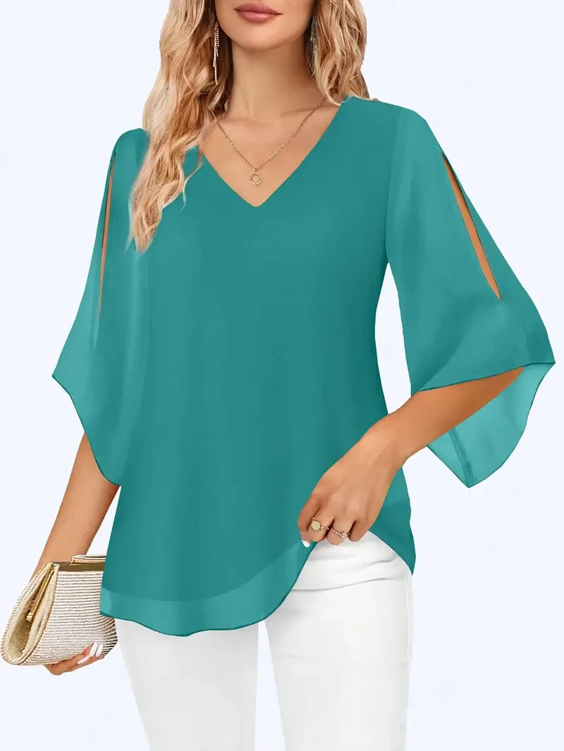 Women'S Elegant V-Neck Shirting Blouse with 3/4 Sleeves