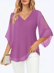Women'S Elegant V-Neck Shirting Blouse with 3/4 Sleeves