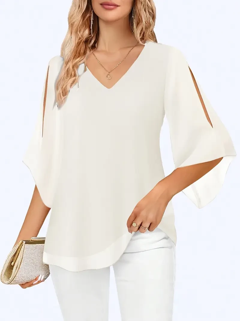 Women'S Elegant V-Neck Shirting Blouse with 3/4 Sleeves