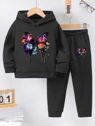 Girls' Butterfly Pattern Printed Warm Lined Hoodie and Sweatpants