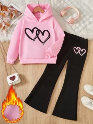 Heart Patterned Hoodie And Leggings Set For Girls
