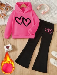 Heart Patterned Hoodie And Leggings Set For Girls