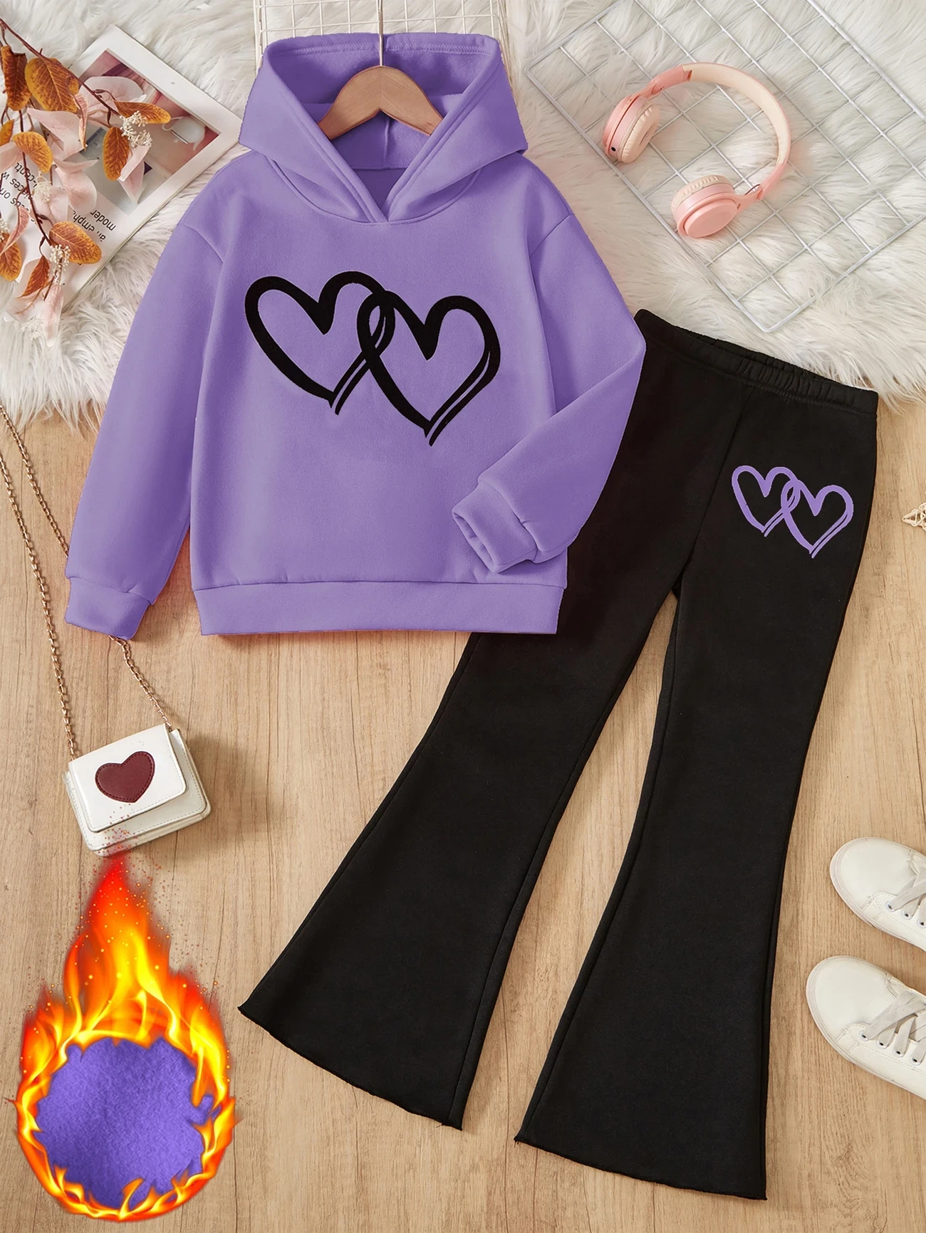 Heart Patterned Hoodie And Leggings Set For Girls