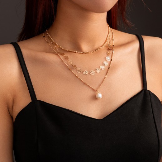 Rose Flower Metal Tassel Multilayer Necklace