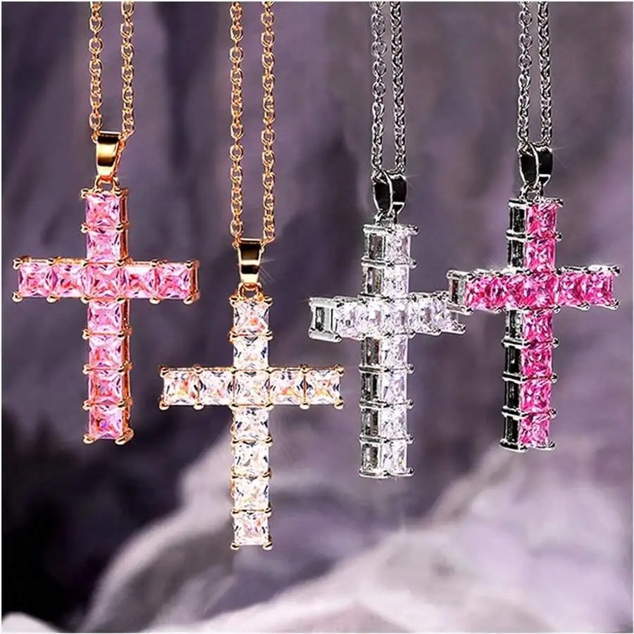 New Fashion Necklaces for Women  Gold Multi-Color Crystal Jesus Cross Pendant Necklace