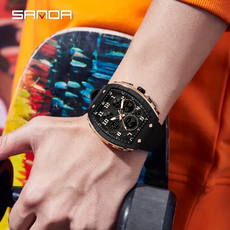 SANDA Men's Fashion Casual Sports Waterproof Dual Display Square Watches