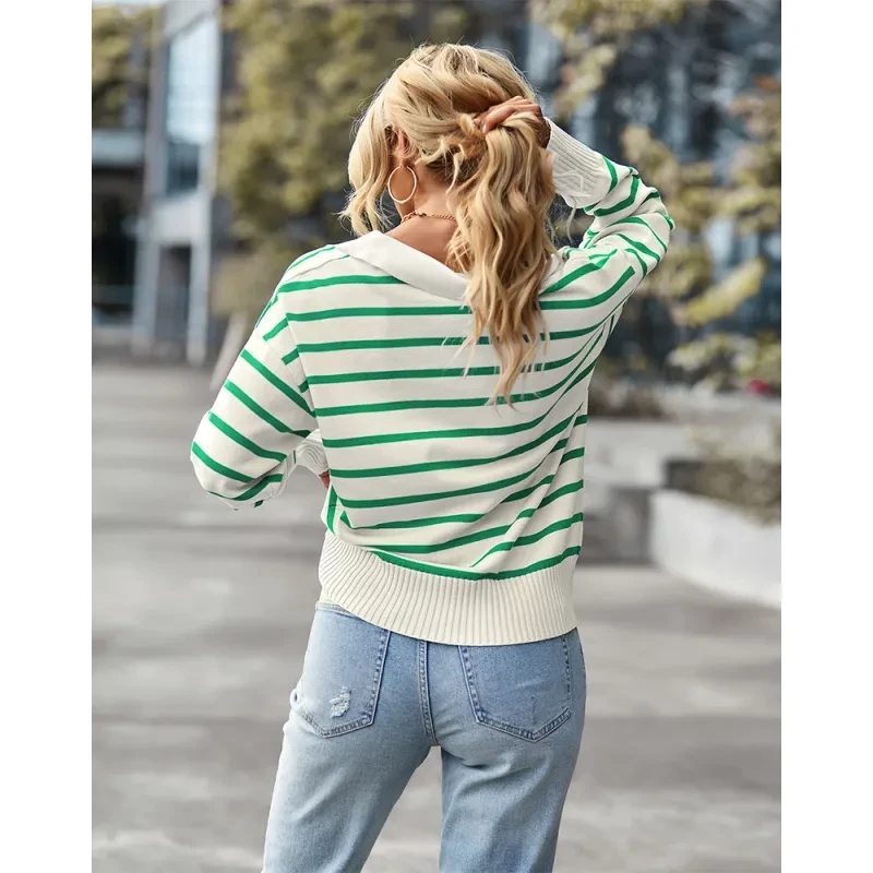 Women Striped Long Sleeve Pullover Sweater Casual Loose Polo V Neck Color Block Lightweight Knitted Fall Shirts Tops