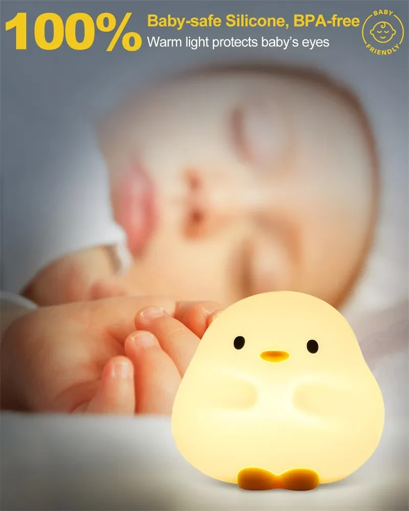 Cute Duck LED Night Lamp Cartoon Silicone USB Rechargeable Sleeping Light Touch Sensor Timing Bedroom Bedside Lamp For Kid Gift Home Decor