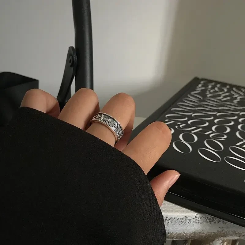 Vintage-Inspired "Stars and Moon" Open Ring for Women A Mystical Symbol of Night, Style, and Identity