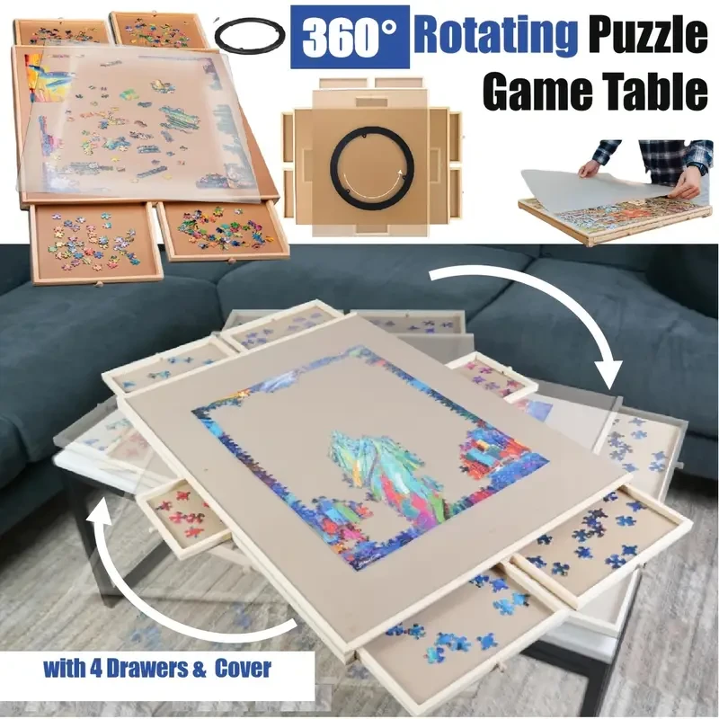 Best Christmas Gift Ultimate Fun Jigsaw Puzzle Wooden Table Board Games Rotating Table Board With 4 Drawers