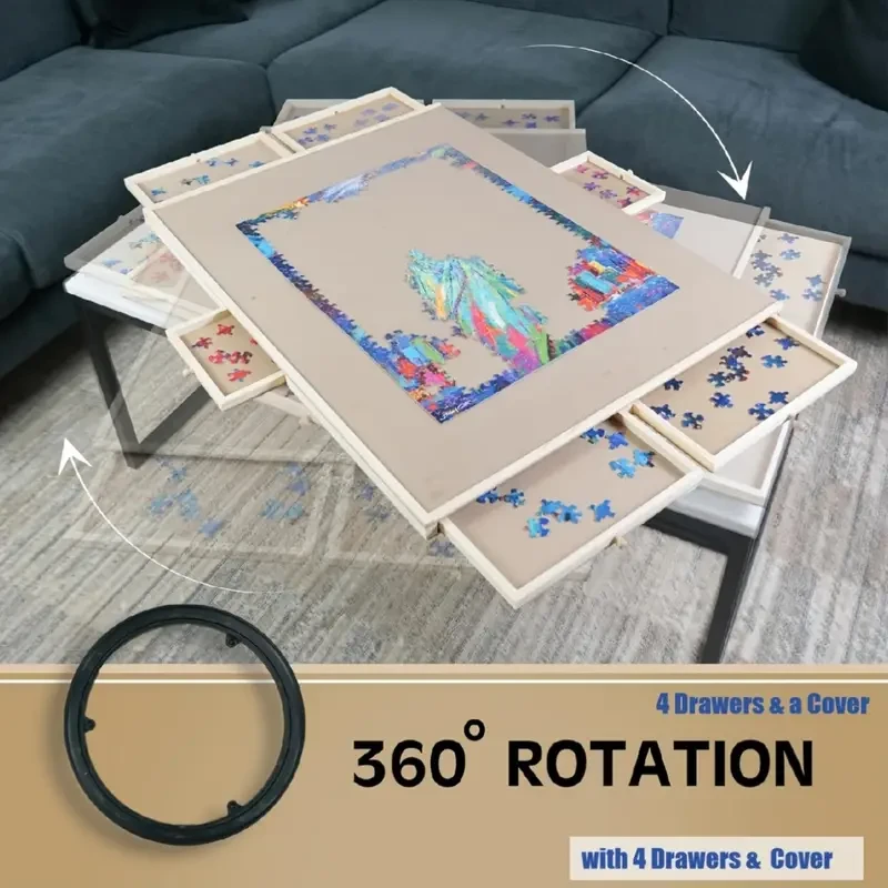 Best Christmas Gift Ultimate Fun Jigsaw Puzzle Wooden Table Board Games Rotating Table Board With 4 Drawers