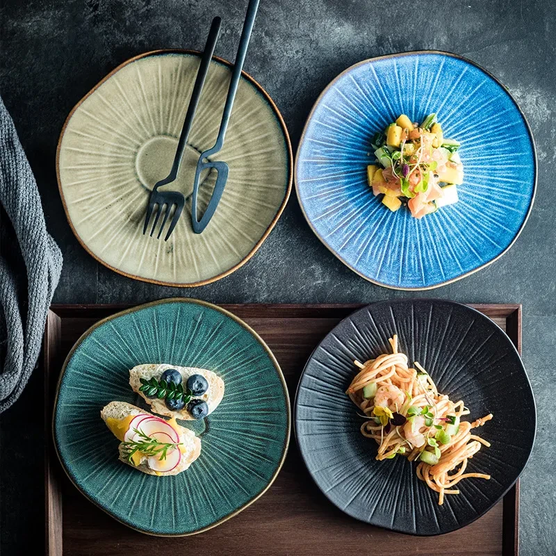 Retro Western Food Household Ceramic Oak Shallow Plate Restaurant