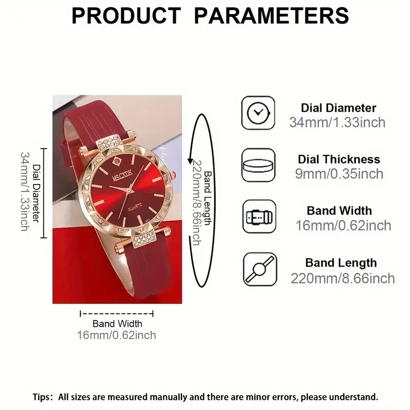 5pcs Ladies' Quartz Watch Red Leather Strap